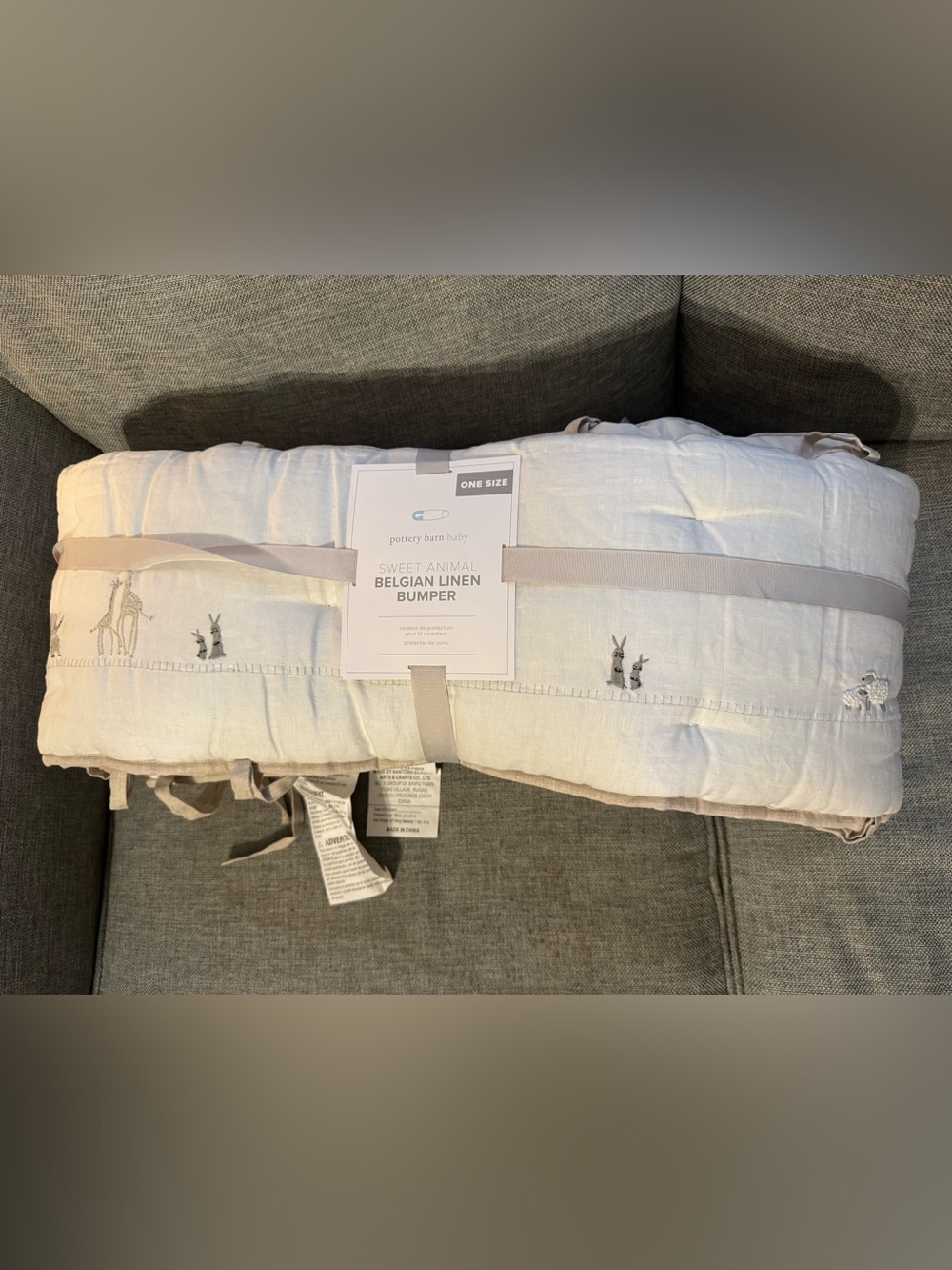 Pottery Barn Baby Sweet Animal Belgian Linen Bumper - White with Gray Embroidery